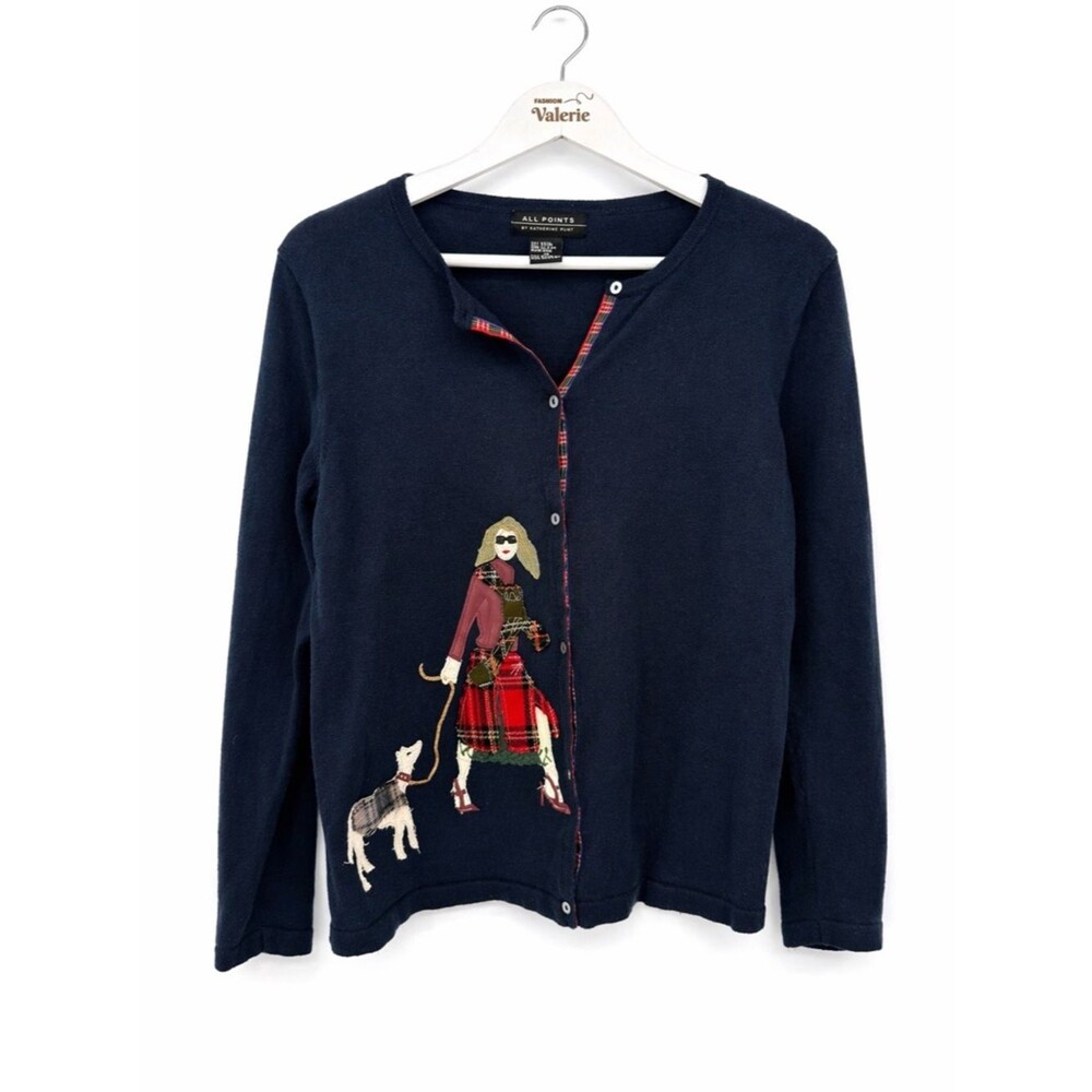 All Points Navy Blue Cardigan Sweater Plaid Dog Novelty Top Size Small Cotton